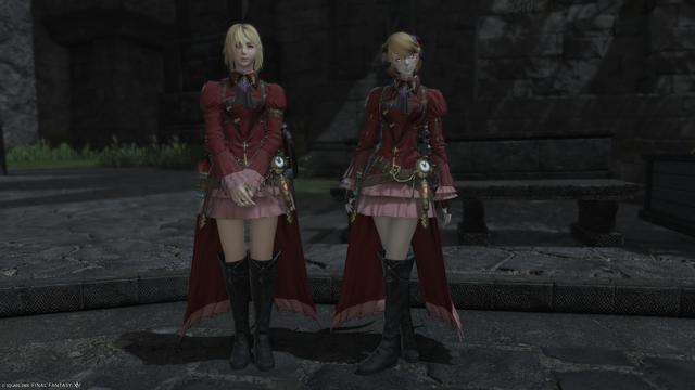 Yozora and Arya stand around in Revenant's Toll, both donning the same outfit.