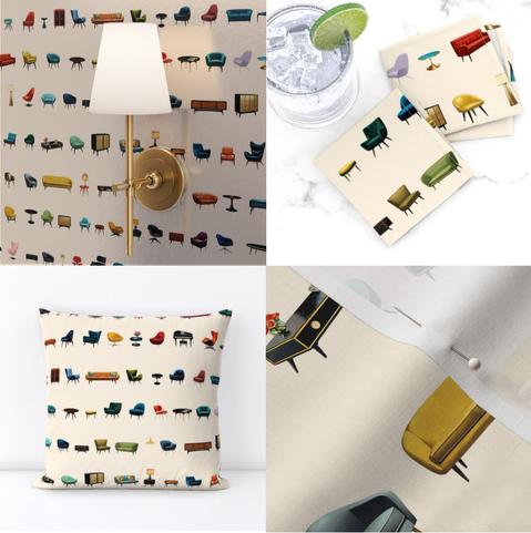 A lively collage featuring a playful mid-century modern (MCM) furniture pattern. The design showcases colorful illustrations of iconic MCM furniture pieces, including chairs, sofas, coffee tables, and cabinets, all set against a soft, neutral background. In the top-left, the pattern is displayed as wallpaper, paired with a sleek gold wall sconce that highlights the retro aesthetic. In the top-right, cloth napkins feature the same whimsical furniture motifs, adding a fun and stylish touch to any dining table. The bottom-left shows a throw pillow adorned with the pattern, perfect for adding a pop of character to living spaces or bedrooms. Lastly, the fabric close-up in the bottom-right highlights the detailed illustrations and smooth texture, making it an excellent choice for curtains, upholstery, or custom decor projects. This versatile pattern is ideal for MCM enthusiasts and anyone looking to infuse their space with a touch of vintage charm.