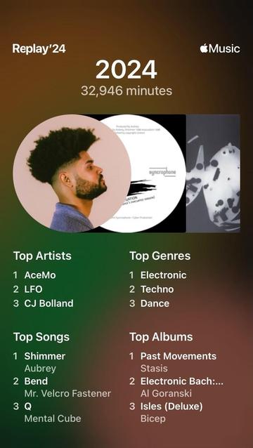 screenshot of my apple music replay for 2024. artists include Ace Mo, LFO, CJ Bolland, Aubrey, Mr Velcro Fastener, Mental Cube, Stasis, Al Goranski, Bicep