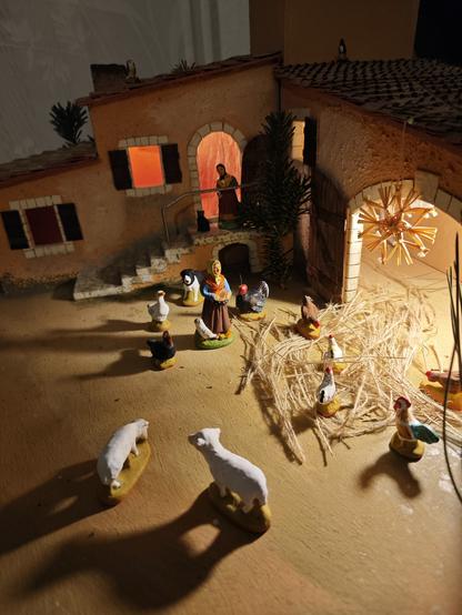 Provençalische Mas (Bauerngehöft) Nachbau als Weihnachtskrippe, die Figuren (zwei Frauen in Provençalischer Tracht, Hühner, ein Hahn, ein Puter, eine Gans, zwei Schafe, ein Bordercollie, eine Katze) sind aus bunt bemaltem roten Ton. In der Provence heißen die Figuren Santons und stellen Persönlichkeiten aus dem Dorfalltag dar.