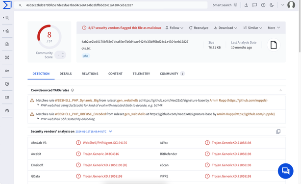 VirusTotal results showing the file returned from that URL is a PHP webshell.