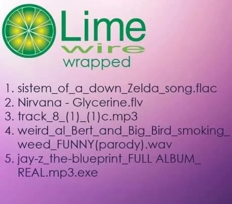 Lime wire wrapped

1. sistem_of_a_down_Zelda_song.flac
2. Nirvana - Glycerine.flv
3. track_8_(1)_(1)c.mp3
4. weird_al_Bert_and_Big_Bird_smoking_weed_FUNNY(parody).wav
5. jay-z_the-blueprint_FULL ALBUM_REAL.mp3.exe