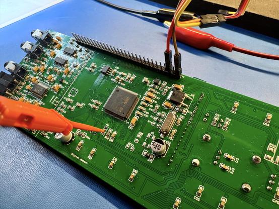 To power the board I used some jumper wires to connect the 5V supply to the board through pin 28 on the 30 pin connector. Then to force the board into the built in DFU bootloader I used a small grabber to short the P6 jumper. After the bootloader is updated we don’t need to use the jumper any more.