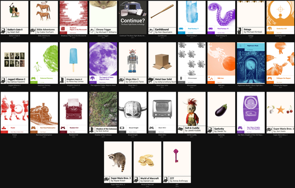 A screenshot of a Jellyfin library, showing the following Boss Fight Books produced titles

Baldur's Gate II
Bible Adventures 
Breakout: Pilgrim in the Microworld
Chrono Trigger
Continue? The Boss Fight Books Anthology
EarthBound
Final Fantasy V
Final Fantasy VI
Galaga
GoldenEye 007
Jadded Aliiance 2
Katamari Damacy
The Legend of Zelda: Majora's Mask
Mega Man 3
Metal Gear Solid
Minesweeper
NBA Jam
Nightmade Mode: A Boss Fight Books Anthology
PaRappa the Rapper
Postal
Red Dead Redemption
Resident Evil
Shadow of the Colossus
Shovel Knight
Silent Hill 2
Soft & Cuddly
Spelunky
Star Wars: Knights of the Old Republic
Super Mario Bros 2
Super Mario Bros 3
World of Warcraft
ZZT