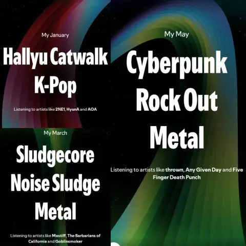 Another screenshot from Spotify Wrapped:

My January
Hallyu Catwalk, K-Pop
Listening to artists like 2NE1, HyunA and AOA

My March
Sludgecore, Noise Sludge, Metal
Listening to artists like Mastiff, The Barbarians of California and Goblinsmoker

My May
Cyberpunk, Rock Out, Metal
Listening to artists like thrown, Any Given Day and Five Finger Death Punch