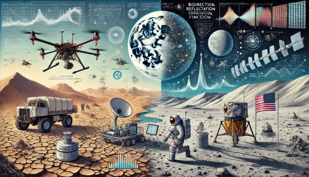 DALL-E AI -generated artwork for the Ph.D. thesis defense of Tri Dung Nguyen.

Abstract: How do Earth's and planetary surfaces evolve? Using photometry and the Hapke BRDF model, we map surface properties like roughness and grain size from Pleiades imagery. Study sites: Djibouti’s rift (Mars-like terrain) & Apollo landing sites. Field & lab data validate findings.