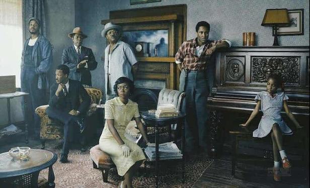 Samuel L. Jackson, Michael Potts, John David Washington, Ray Fisher, Corey Hawkins, Skylar Aleece Smith, and Danielle Deadwyler in The Piano Lesson