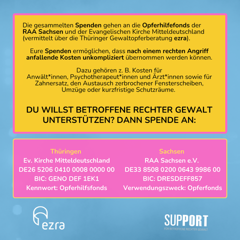 Die gesammelten Spenden gehen an die Opferhilfefonds der RAA Sachsen und der Evangelischen Kirche Mitteldeutschland (vermittelt über die Thüringer Gewaltopferberatung ezra). 
Eure Spenden ermöglichen, dass nach einem rechten Angriff anfallende Kosten unkompliziert übernommen werden können.
 Dazu gehören z. B. Kosten für 
Anwält*innen, Psychotherapeut*innen und Ärzt*innen sowie für Zahnersatz, den Austausch zerbrochener Fensterscheiben, Umzüge oder kurzfristige Schutzräume. 
Du willst Betroffene rechter Gewalt unterstützen? Dann spende an:
Thüringen 
Ev. Kirche Mitteldeutschland
DE26 5206 0410 0008 0000 00
BIC: GENO DEF 1EK1
Kennwort: Opferhilfsfonds
Sachsen 
RAA Sachsen e.V. 
DE33 8508 0200 0643 9986 00
BIC: DRESDEFF857
Verwendungszweck: Opferfonds