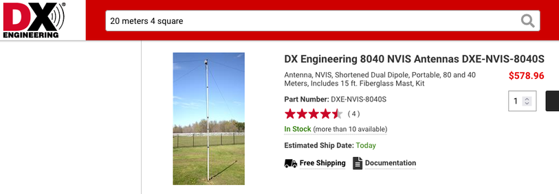 Searching the DX Engineering website for "20 meters 4 square" returns many irrelevant results, including this 40-80 NVIS antenna.