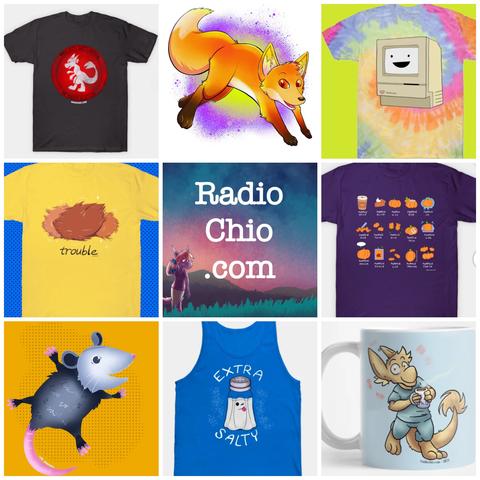 A 3x3 grid of images of products in the Radio Chio Teepublic shop, including designs of cartoon foxes and possums, a salt shaker making a sassy face, a shirt covered in pumpkin spice puns, a licensed shirt featuring tribbles from Star Trek, and two designs including an emblem and the character Dia from the webcomic Follower.