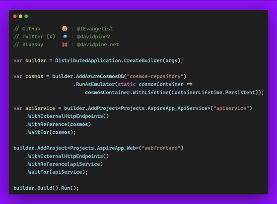 .NET Aspire app host: Program.cs including the standard Azure CosmosDB hosting integration.