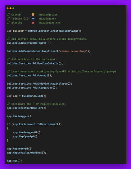 An ASP.NET Core Minimal API Program.cs file that includes a package reference to IEvangelist.Azure.CosmosRepository and adds the services.