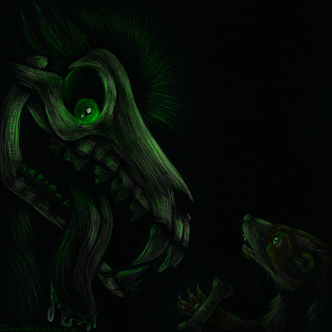 Dark stylized digital illustration of a dog with a canine skull head, glowing green eyes, fuzzy ears and neck and a drooling tongue looking down at a sandy coloured ferret adventurer with green eyes and brown markings.

The ferret is holding a dog treat on an outstretched paw and is looking into the eyes of the skulldog with a terrified expression.

The piece is drawn on a dark background with the green glowing eyes illuminating the two characters.