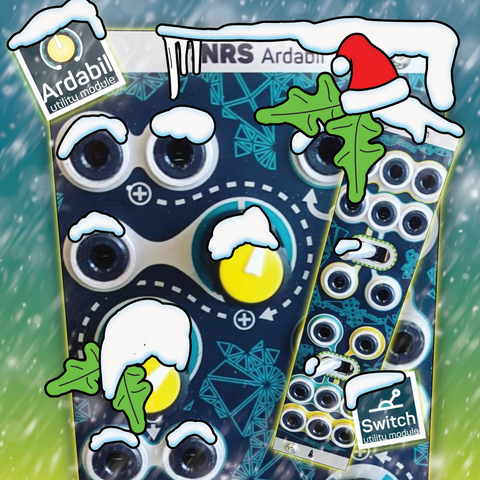 Front of our Ardabil synthesizer module with yellow knobs and our smaller Switch synthesizser module. Has a santa hat and snow drawn on the picture