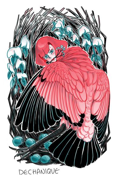 A red bowerbird Harpy stands with one leg out, black tail fanned. He waves one wing in a courtship dance while holding a sprig of white flowers. Surrounding him is a nest of branches filled with blue and white flowers and blue berries.