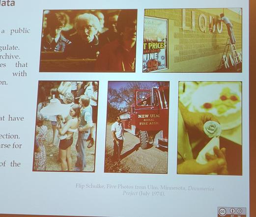 Foto of the presentation with a few photos from the Documerica collection: here, somewhat faded images of people doing all kinds of different things.
