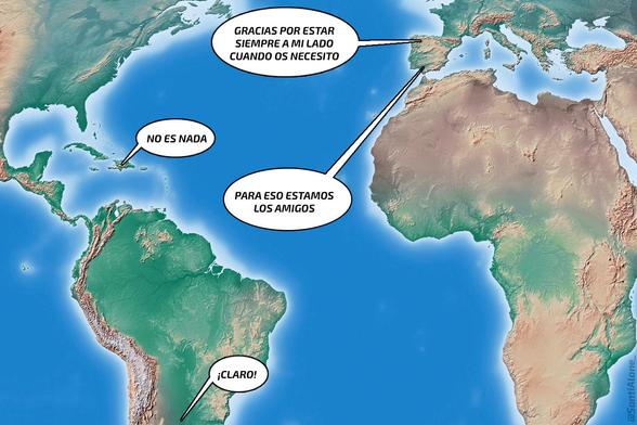 Mapa del mundo con globos de texto:
Desde Galicia alguien dice "Gracias por estar siempre a mi lado cuando os necesito", alguien contesta desde Puerto Rico "No es nada", después desde Andalucía "Para eso estamos los amigos" y, finalmente, desde Argentina alguien dice "¡Claro!".