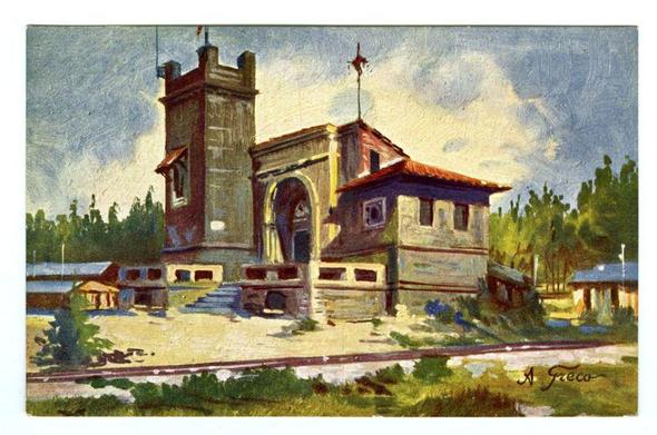 The image depicts a colorful painting of an architectural structure, seemingly from the early 20th century. It features a prominent building with classical design elements such as a tower and arched entrances, possibly representing historical or cultural significance. The artist has used vibrant brush strokes to capture details like the textures on the walls and roof shingles, along with shadows that suggest sunlight filtering through the clouds.

In the foreground, there's a paved path leading up to what appears to be railway tracks, hinting at the building being near transportation infrastructure. In the background, we can see greenery and trees suggesting a rural or semi-rural setting. The painting is signed 'A Greco' in the lower right corner, indicating the artist.

This work seems to capture both historical architecture and its natural surroundings, emphasizing harmony between human-made structures and their environment during that era.