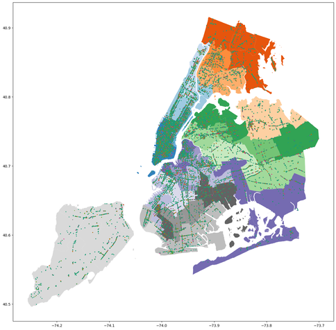 A map of the restaurant inspection grades for New York City. The map shows city council districts, color coded by borough. On top of that base map are markers showing the location of each inspected restaurant, color coded by the grade received.