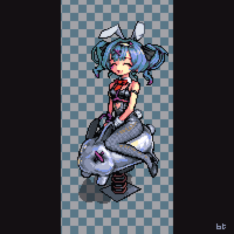 Pixel art featuring Hatsune Miku wearing a bunny suit and riding a toy rabbit.