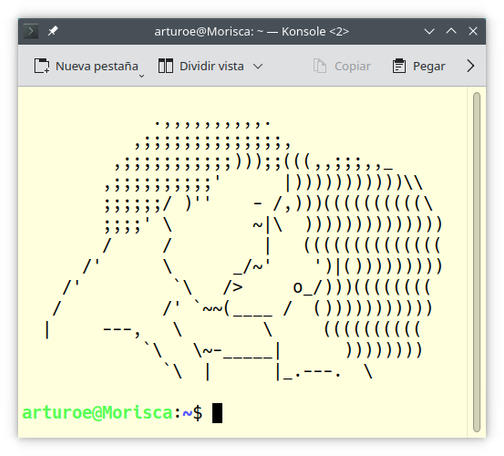 Imagen de una pareja besandose creado con caracteres en una consola de computadora.