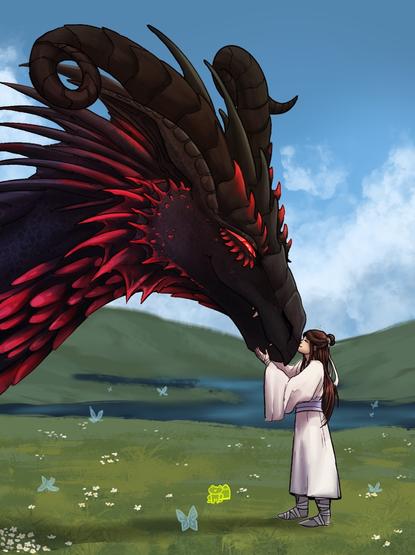 Art of dragon Hua Cheng and human Xie Lian. XL is giving HC a kiss on the nose