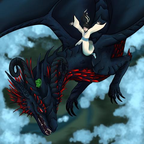 Art of human Xie Lian flying on dragon Hua Cheng’s back. They're high up in the sky, above the clouds, and Xie Lian has raised his arms