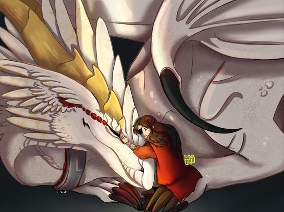Art of dragon Xie Lian and human Hua Cheng. Hua Cheng is hugging Xie Lian’s head with a sad and worried expression. There is a shackle around Xie Lian’s neck, drawing blood