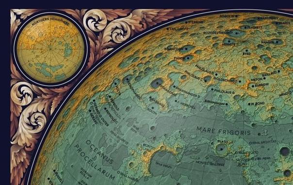 A cropped image of Eleanor Lutz’s Topographic Map of the Moon. The top-left part of a hemispheric view of topography is shown, with contours filled by hypsometric colours ranging from green-blue up to yellow-orange. Geological and geomorphological features are labelled. There is an inset showing the same map in north polar view. The margins are decorated with coppery-colour feather patterns.