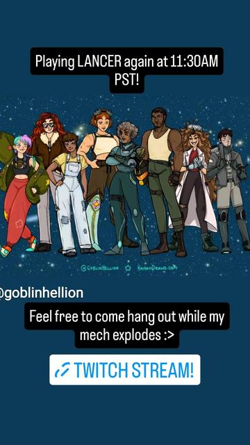 A screenshot of an instagram story I posted to let people know what time the stream is and where to watch it. It includes the art of all of the player characters.