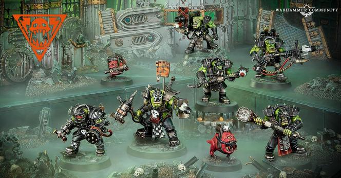 Miniature Ork warrior figures displayed in a dynamic pose, each armed with unique weapons, against a rocky terrain backdrop. Two small bomb squigs accompany the Ork models.
