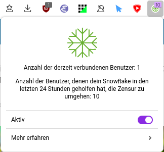 Screenshot des Snowflake Plugins für Firefox.  Die Dialogbox zeigt den Text, das aktuell ein Benutzer verbunden ist und in den letzten 24 Stunden 10 weiteren geholfen wurde, Zensur zu umgehen.