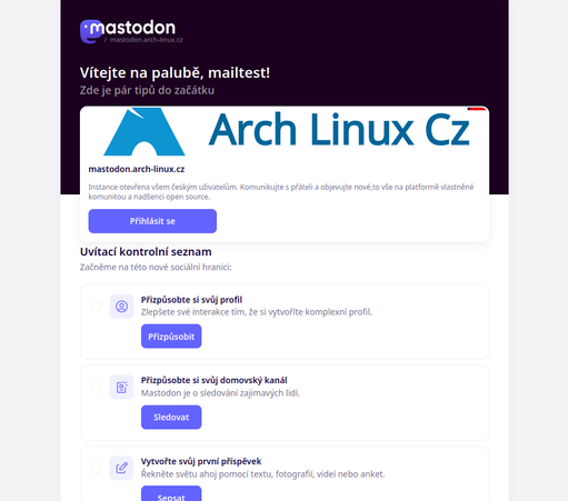 Uvítací email, po registraci na mastodon.arch-linux.cz