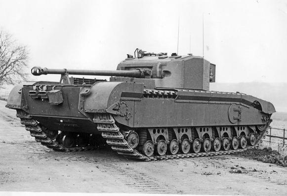 The A43 Black Prince Infantry Tank was an experimental development of the Churchill tank with a larger, wider hull and a QF 17-pounder (76 mm) gun. By the time the Black Prince prototypes had appeared in May 1945, the Sherman Firefly had proved itself in combat, the Comet tank was in service and the introduction of Centurion was imminent. All these tanks carried the QF 17-pounder or a derivative; all had better mobility than the Black Prince and the Centurion had frontal armour of comparable effectiveness. The Black Prince had become redundant and the project was abandoned with only six prototypes built.