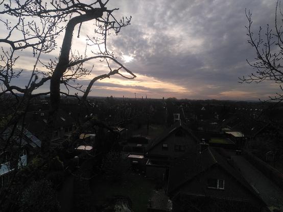 Blick über eine Stadt in den wolkenverhangenen Himmel. Links am Rand sind Äste der Baumkrone zu sehen. Am Horizont kann man zwei Kirchtürme und ein Kraftwerk erahnen.