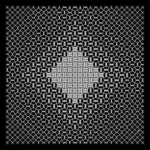A square picture of white on black representing wire wound around a grey grid.  It consists of something like two interwoven pieces of chicken wire with the number of wraps varying so that it appears to consist of 5 concentric diamond shapes from a distance.  It is denser and thus whiter at the center and darker near the corners.  The interweaving of the horizontal and vertical pieces approximates a Cairo Tiling where the irregular pentagon shapes vary as the number of wraps vary. The picture has a thin black border.