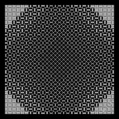 A square picture of white on black representing wire wound around a grey grid.  It consists of something like two interwoven pieces of chicken wire with the number of wraps varying so that it appears to consist of 5 concentric diamond shapes from a distance.  It is denser and thus whiter at the corners and darker near the center.  The interweaving of the horizontal and vertical pieces approximates a Cairo Tiling where the irregular pentagon shapes vary as the number of wraps vary. The picture has a thin black border.