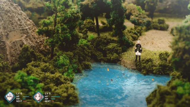 A screenshot of a game called fantasian Neo dimension. A male warrior stands next to a pond surrounded by green grass, bushes and trees.