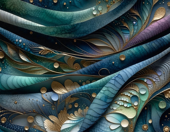 Sculptural elegant 3d abstract waves in shades of blues, teals, and purple, with gold accents in stylized organic patterns.