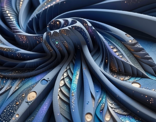 Close up of cosmic themed sculptural design of abstract 3d blue folded layers, cut with intricate swirl patterns, with tiny metallic star-like highlights.