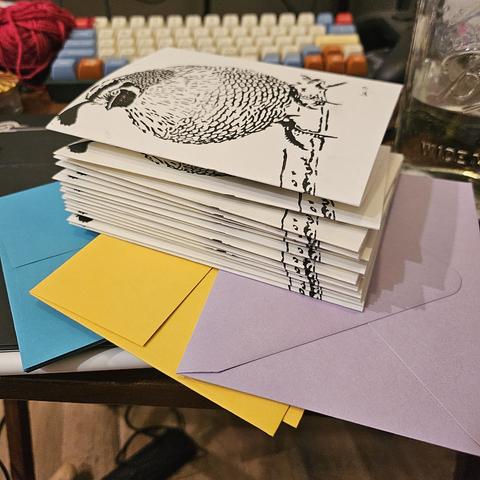 a stack of folded greeting cards on top of lilac, yellow, and bright blue envelopes. each greeting card has an image printed across the front and back of two quails, folded perfectly in between the quails