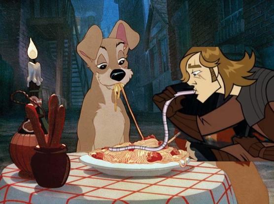 Anakin eating a worm from The Clone Wars superimposed on the iconic Lady and the Tramp spaghetti scene.