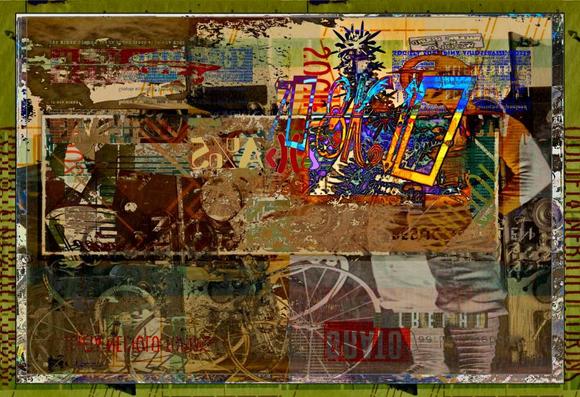 A blend of several old photos and print graphics, including different types of typography. The outline of a figure in a 19th century diving helmet can be seen on the right side of the composition. On the left can be seen 19th century mechanical elements, including bicycle wheels.