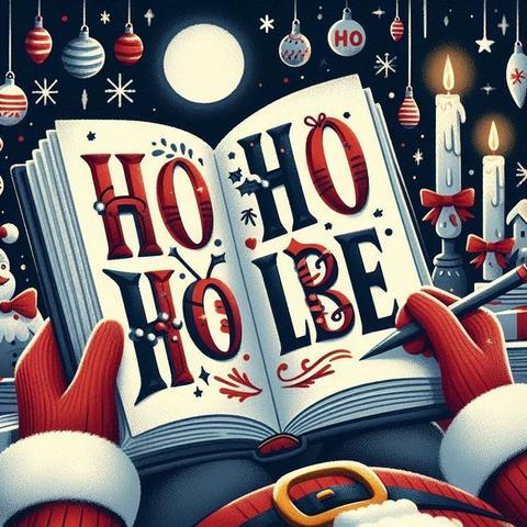 Buch in weihnachtlicher Atmosphäre mit dem Schriftzug "Ho ho Holbe"
