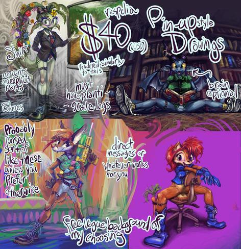 an advertisement showing several shirt-and-shoe-wearing trouserless anthropomorphs and text stating that such drawings can be custom ordered for forty united states of america dollars