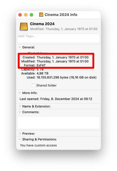 "Get Info" window in the Finder of macOS, showing a totally wrong creation and modification date of an ExFAT volume.