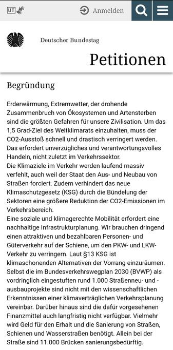 Screenshot von der ersten Seite der Petition an den Bundestag.