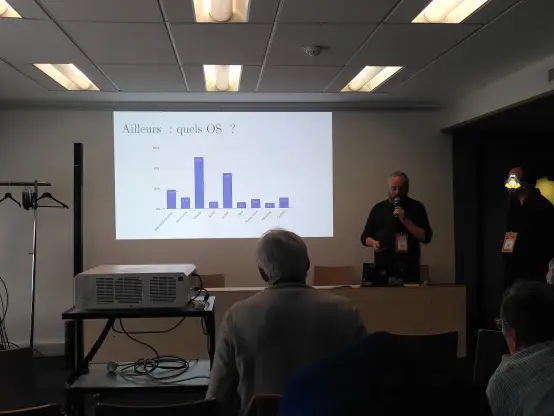 Photo de la présentation montrant que la solution est agnostique au système d’exploitation même si Debian et Ubuntu dominent.