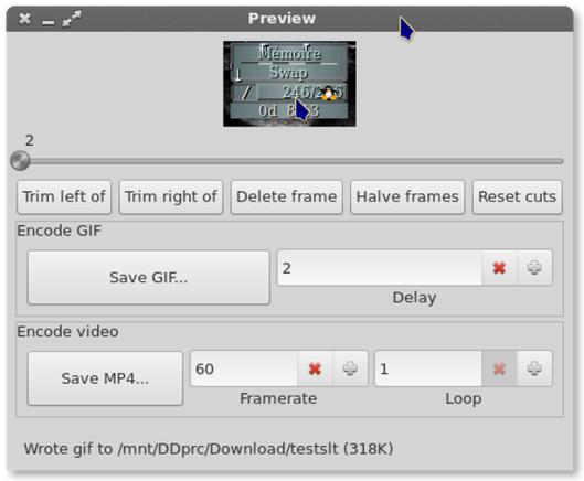 🕶️ A view of its UI (v. 299554 of 31/12/2016) with at the top a capture of a portion of my screen (the bottom of the Gkrellm utility with its adorable little penguin animation), then below the timeline (a slider), then a few video manipulation buttons (trim left of, delete frame, ...) and 2 areas, one for saving in GIF format, the other in MP4 format.

📚️ gifine is a libre tool for recording and stitching together a short gifs or videos.  You can either load a directory of frames, or select a region of your desktop to record. After loading some frames, you can scroll through them and trim out what isn't necessary. When you've finalized the video you can export to gif or mp4.
